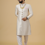 Stunning Beige Banarasi Brocade Achkan with Soft Pink Churidar | Father Son Combo | Perfect for Grooms